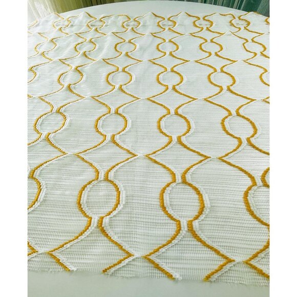 Vintage 70s curtain, yellow/orange embroidered groovy pattern, net panel - Picture 5 of 10